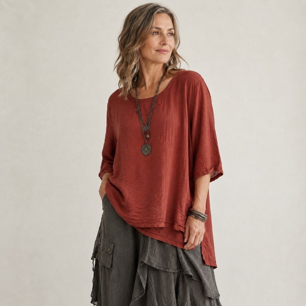 Cut Loose Tunic Top Womens Small Rust Crinkle Rayon Blend Lagenlook Minimalist